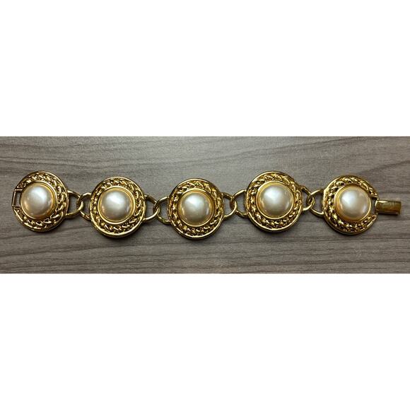 VINTAGE 80S 90 NAPIER BRACELET FAUX PEARL GOLD TONE Chunky 7.5” - Picture 1 of 8